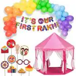 Festiko Set of 37 Pcs It's Our First Rakhi Combo (Banner, Balloons, Photobooth Props, Playhouse Tent Pink), Raksha Bandhan Decoration Combo