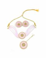 Bella Store Women Pink Brass Handmade Kundan Choker Necklace wit Mangtika and Earrings