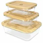 JNSM Transparent Glass Rectangle Shape Food Container with Bamboo Wooden Lid (Set of 3)