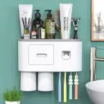 STOREVISE Wall Mounted Toothbrush Holder with Magnetic Cup and Automatic Toothpaste Dispenser Set (2 Cup)