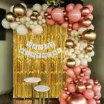 SPECIALYOU.IN Happy Birthday balloons items for girls and Women DIY combo with Gold fringe foil curtain for backdrop, White Happy birthday banner, Pink, Metallic Gold and Rose gold balloons -65 Items