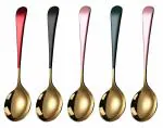 Leeonz Soup Spoons Stainless Steel, 18/10 Round Head Soup Spoons, Modern Thick Short Handle Stainless Steel Korean Spoon, Dinner Metal Spoons for Soup, Grain,Dessert,Milk,Tea,Coffee, 7.3 Inch (5PCS)