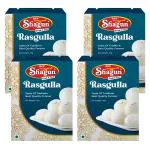 BFP SHAGUN Rasgulla 4Kg (1Kg Pack of 4) | Authentic Indian Sweet Rich Flavor, Creamy Texture Rasgulla | 20 Pieces In 1 Tin with Sweet Syrup | Made with Sugar, Milk Solid | Saffron Flavor Shagun Rasgulla