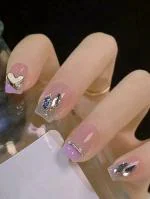 Secret Lives Acrylic Press on Translucent Artificial Designer Fake Nails Extension Glossy Light Pink Mauve 3D Heart Studs Crystals 24 pcs Set with Manicure Kit