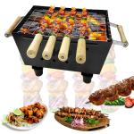 Wellberg KGBT04 Black Cast Iron Barbeque Charcoal Grill with 4 Skewers & Tong 30 cm x 22 cm x 18 cm