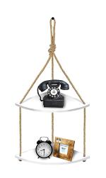 Vah White Wood Distressed Wall Hanging Shelf Bohemian Rustic Rope - 2 Tier