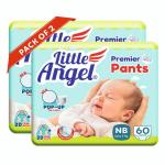 Little Angel Premier Pants Baby Diapers, New Born (NB/XS), 120 Count, Combo Pack of 2, 60 Count/pack with Wetness Indicator, upto 5 Kg