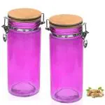Pure Source India Borosilicate Glass Jars With Bamboo Lid Airtight Storage Jar/Container with Clamp Lid For Pulses, Dry Fruits, Spice (1500ml) (10 Inch) (Pink) (1)