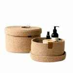 ShineLife Round Baskets with Lids - Set of 2 Decorative Jute Baskets with Lids for Organizing - Natural Jute Rope Lidded Baskets with Genuine Leather Tabs - Storage Baskets with Lids (Color as per Available)