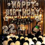 SpecialYou.in 22nd Happy Birthday Decoration Item for Girls & Boys with black and white balloon, Paper and silver foil banner, stars foil balloon, Champagne bottle foil for party decoration pack of 60 Items