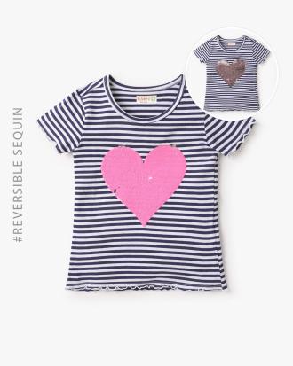 Striped Round-Neck T-Shirt with Embellished Heart