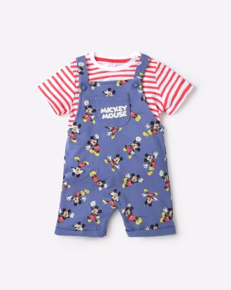 Printed Dungaree with Striped T-shirt