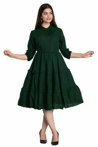 BEFINEL Solid Plain A Line Stylish Western Dress - Rayon One Piece Fit &amp; Flare Knee Length Women Dress - Green, XL - 42