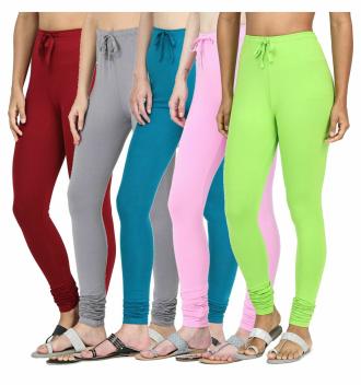 Robinbosky Women's Premium Cotton Lycra Churidar Full Leggings_Pack of 5_Maroon,Grey,Blue,Pink And Green_XL