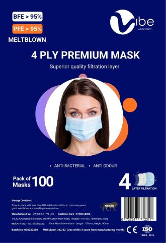 VIBE Unisex Premium 4 Layer Protective Mask (Pack of 100)