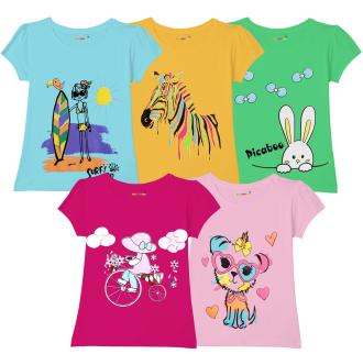 KUCHIPOO Girls Multi Color Printed Cotton Blend Pack of 5 Tshirts