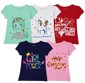 KUCHIPOO Girls Printed Cotton Blend Pack of 5 Tshirts
