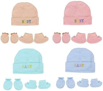 Tiniberry Newborn Multicolor Super Soft Cotton (pack of 4) Small Mitten, Booty and Cap Set, 0 to 6 Months