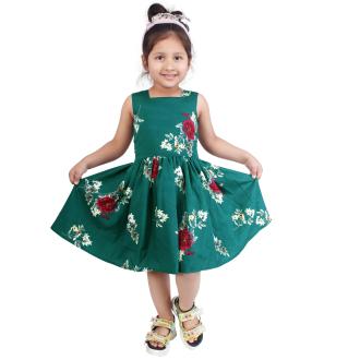 R Cube Girl's Bottle Green Printed crepe Frock