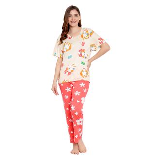 F Fashiol.com Women's Floral Print Round Neck Cotton Night Suit Set Of Top & Pyjama