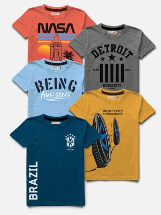 HELLCAT Boys Multicolor Cotton Blend Printed Pack of 5 T-shirt | kids wear | t shirt for kids | t shirt for boys | t shirt | tshirt | tshirt boys | boys tshirt | boys t tshirts | boys dress | tshirts | t shirts