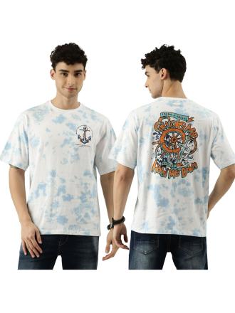 Maniac Tie and Dye Printed Mens 3-4th sleeve Round Neck White and Blue Cotton Boxy Fit T-Shirt
