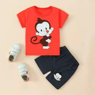 KIDDY STAR Boys Red and Black Solid Cotton Blend T-Shirt and Short Set, 1 - 2 Years