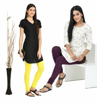 Robinbosky Women's Premium Cotton Lycra Churidar Full Leggings_Pack of 2_Yellow And Purple_XL
