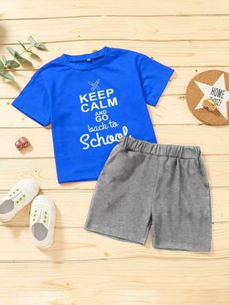 KIDDY STAR Boys Blue and Grey Cotton Blend T-Shirt and Short Set, 1 - 2 Years