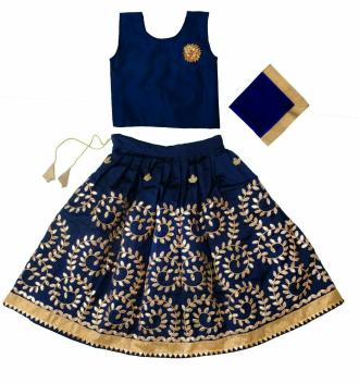 HARI CHARAN ENTERPRISE _ D9Kids Girls Blue Embroidered Cotton Lehenga, Choli and Dupatta Set