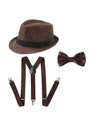Accery Brown Kids Suspender and Bow Tie Set with Matched Hat