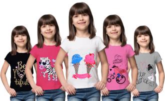 KUCHIPOO Girls Printed Cotton Blend Pack of 5 Tshirts (KUC-TSHRT-0103, Multicolor)