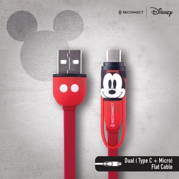 Reconnect Disney Mickey Mouse Dual Cable, Micro USB & Type C, Charge & Sync, Premium Flat cable design, 1m long -DCB301 MY