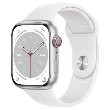 Apple Watch Series 8 GPS + Cellular 45mm Silver Aluminium Case with White Sport Band, Water resistant 50 metres, Dust resistant (IP6X), Fast charge, 3rd-gen optical heart sensor, Emergency SOS, Crash Detection, Fall Detection