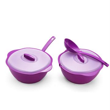 oliveware Diplomat Microwave Safe Plastic Checkered Bowl Set - 2 Bowls with lid and Spoons for Heating & Serving ( Purple, 2000 ml )