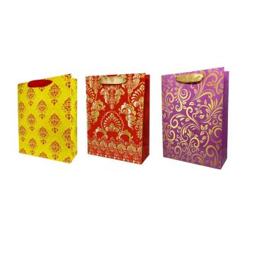 Flora Medium Size wedding Gift Paper bag bags comes in pack of 10 Size-23x30x9CM 3 Different Traditional print on Lavish Purple Royal Red & Yellow Color For wedding engagement Pack of 10