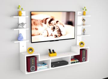 DAS Konrad Wall Mount TV Entertainment Unit Stand Set Top Box Stand and 6 Shelf Display Rack Frosty White (Ideal for up to 43