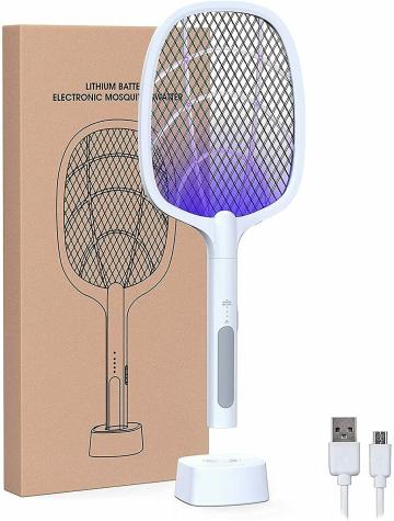 Mosquito Killer Racket Rechargeable Handheld Electric Fly Swatter Mosquito Killer Racket Bat with 6 UV Light Lamp Racket USB Charging Base, Electric Insect Killer Racket