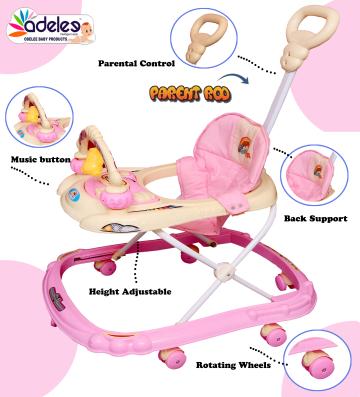 Odelee Pink Noody Musical Baby Activity Walker with Adjustable Height and Parental Rod (6-18 M)