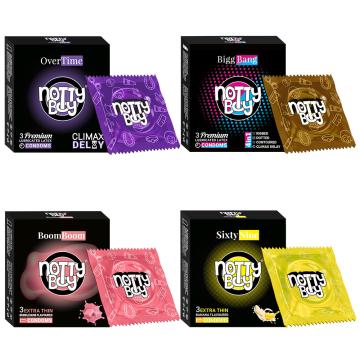 NottyBoy 4in1, Dotted, Ribbed, Long Time, Extra Thin Banana & Bubblegum Flavour Condoms - 12 Pieces