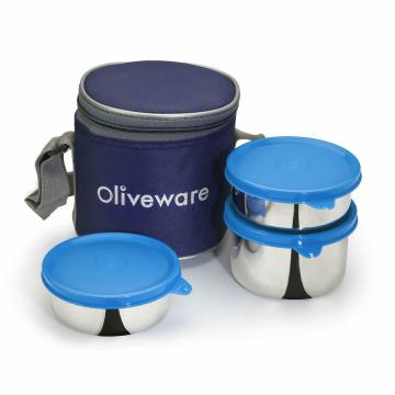 Oliveware Lovely Stylo Lunch Box| Stainless Steel Containers| Insulated Fabric Bag| Blue