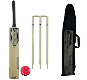 WASAN Wood Cricket Set Size 5 (10-16 Years), 1 Bat Size 5, 3 Stumps, Bails, 1 Tennis Ball, 1 Bag