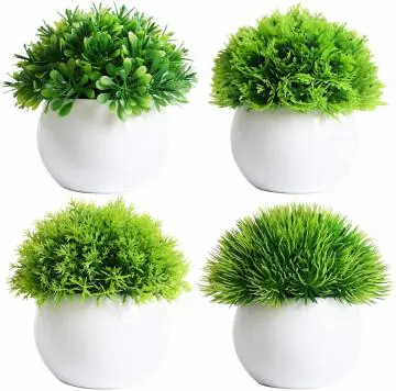 Dekorly Green Artificial Grass in White Plastic Pots 10 cm x 10 cm (Set of 4)