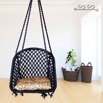 Patiofy Cotton Black D Shape Swing Chair with Floral Cushion & Hanging Kit Jhula