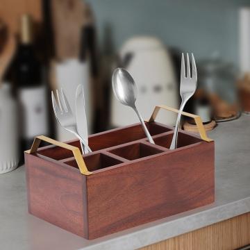 Metalsmith VR-22-0291 Wooden Caddy With Metal Handle | Cutlery Organizer For Beautiful Dinning Table | Cutlery & Stationary Holder For Kitchen & Desk Organizer (Medium, Pack Of 1)