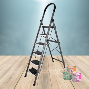 Plantex Grey & White High Grade Heavy Steel Folding Ladder with 6 Wide Anti Skid Steps for Home