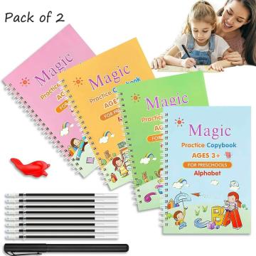 Vinmot Magic Practice Copybook, Magic Calligraphy Copybook Set Practical Reusable Writing Tool Simply Hand Lettering, Number Tracing Book for Preschoolers with Pen (Number, Alphabet, Drawing and Math Book, 4 BOOK + 8 REFILL (2 Set)