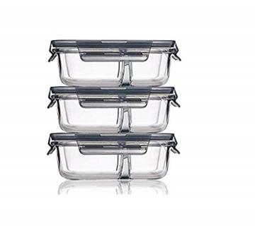 HOMIES Set of 3 Pieces 2 Partition Glass Air Tight Food Storage Organizer Container Lunch Box with Lids 630 Ml 17x12..5x5.8 Cms