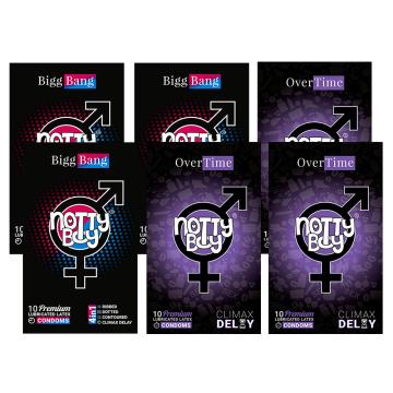 NOTTY BOY 3-IN-1 Multi Textured (Ribbed, Dotted, Contoured) and Over Time Climax Delay Condoms - 60 Count (Pack of 6)