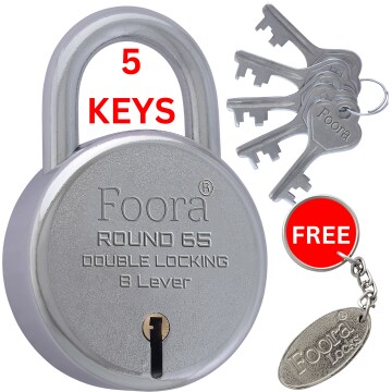Foora Round 65 Pad lock with 5 Keys, Double Locking, 8 Lever, Size 65mm, Silver Finish, 1 Key Chain